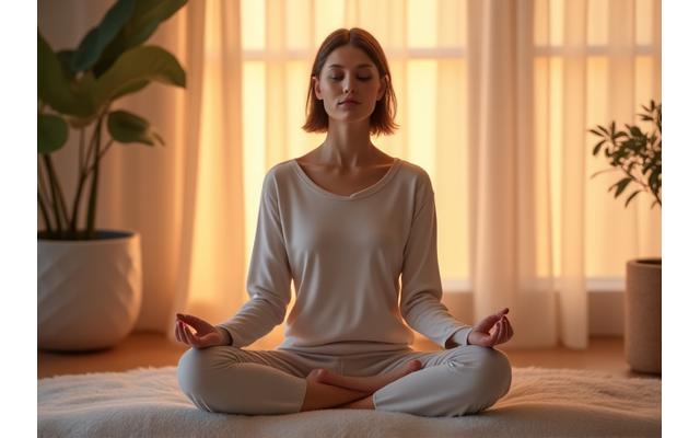 Woman practicing deep breathing meditation with a serene expression
